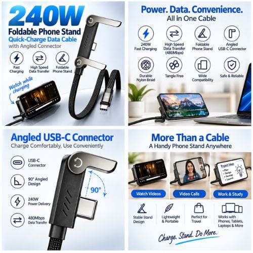 Quick charge data 2 foldable phone stand with charger cable